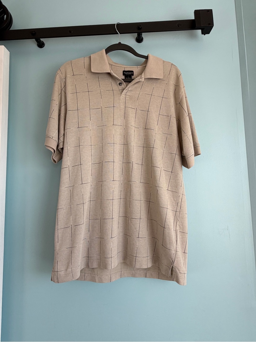 Van Heusen Men’s Large Polo Shirt Beige Tan Geometric Print Short Sleeve